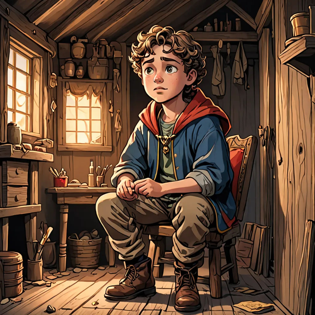 a boy sitting in a chair in a room with a window and a desk with a lamp on it, fantasy art, a storybook illustration, Cliff Childs, rossdraws global illumination