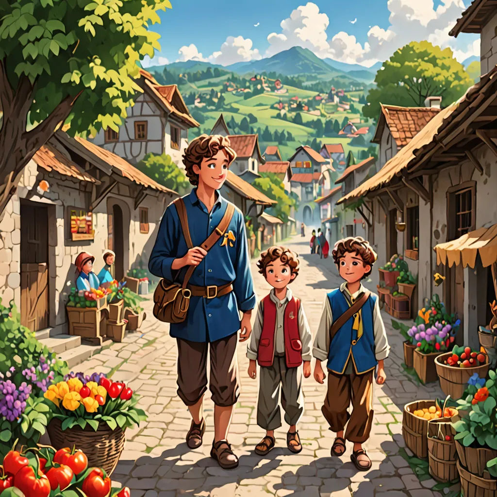 a painting of a man and two boys walking down a street with a farmer's market in the background, fantasy art, a storybook illustration, Brothers Hildebrandt, official art