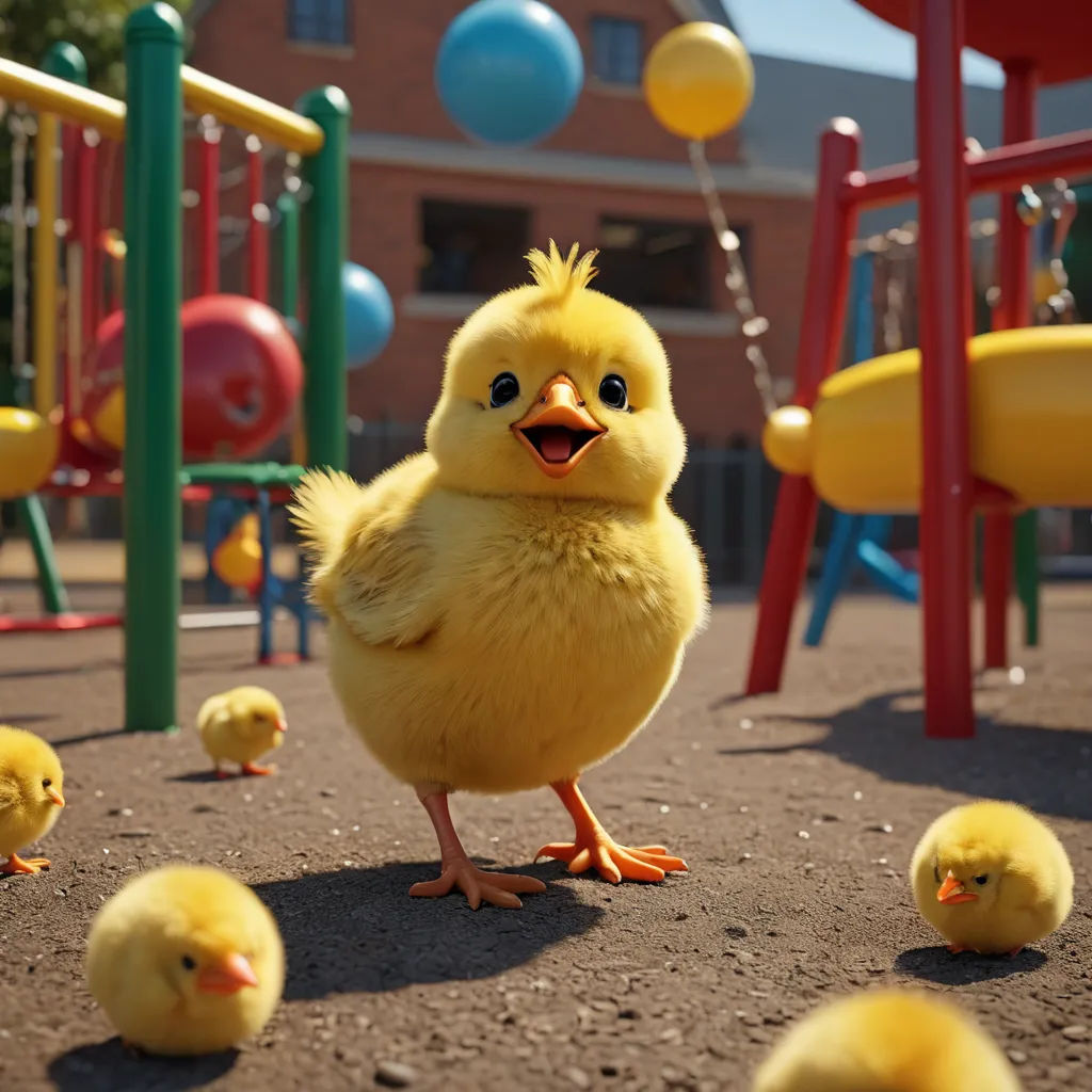 a yellow duck standing in front of a playground with several baby chicks in it's lap and a playground slide in the background, photorealism, a tilt shift photo, Chris LaBrooy, unreal engine 5 quality render