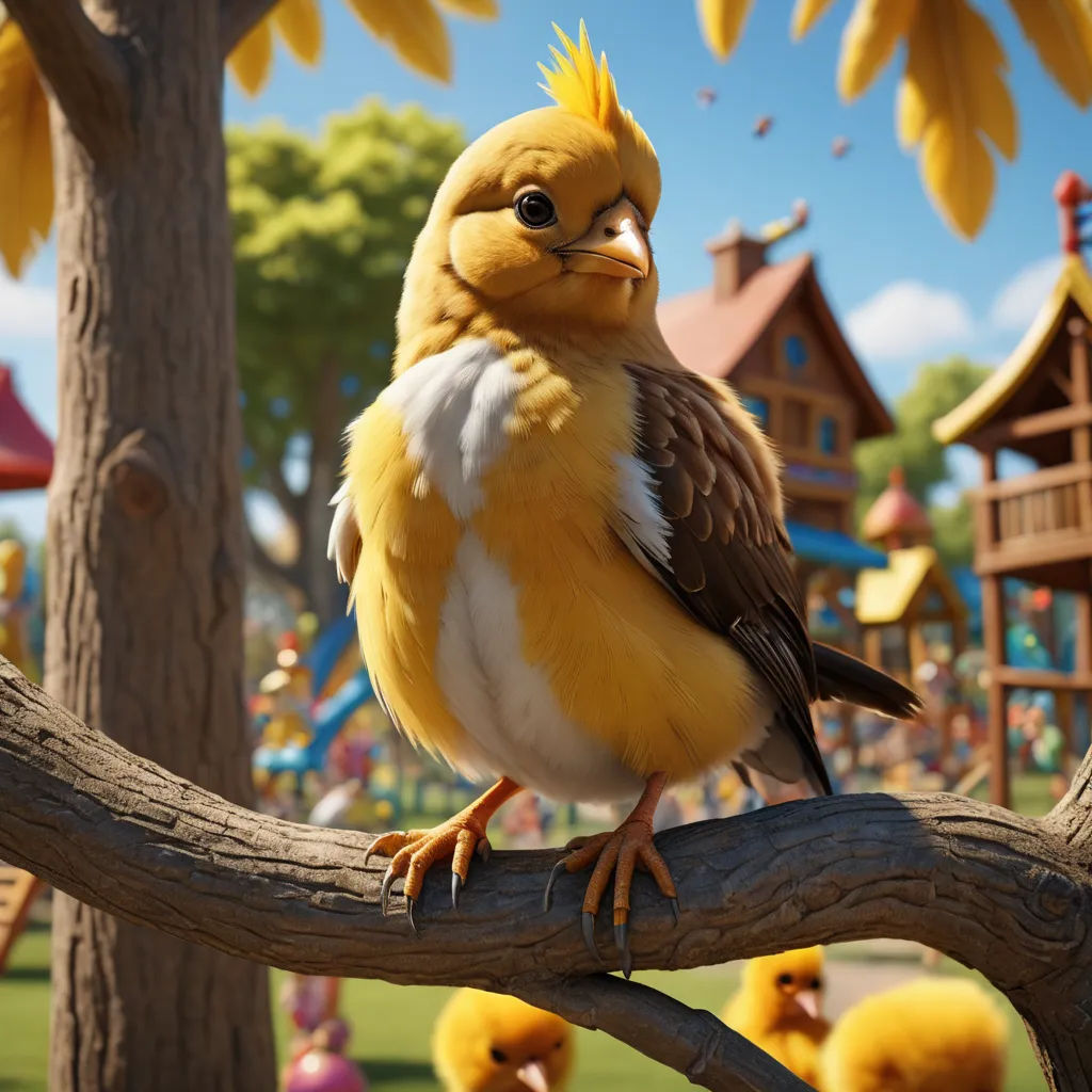 a bird with a mohawk sitting on a branch in a park with other birds in the background and a playground, photorealism, a 3D render, Chris LaBrooy, unreal engine 5 quality render