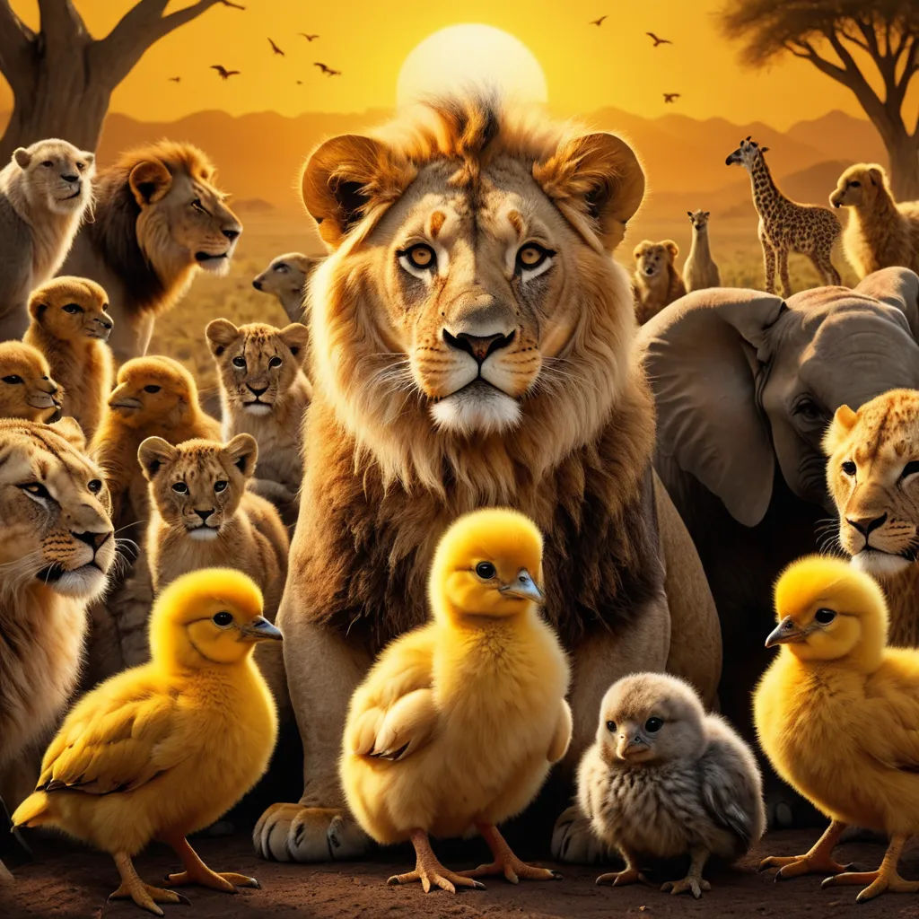 a lion surrounded by many different animals and birds in a field with a sunset in the background and a giraffe in the foreground, lyco art, a poster, Chris LaBrooy, wildlife photography