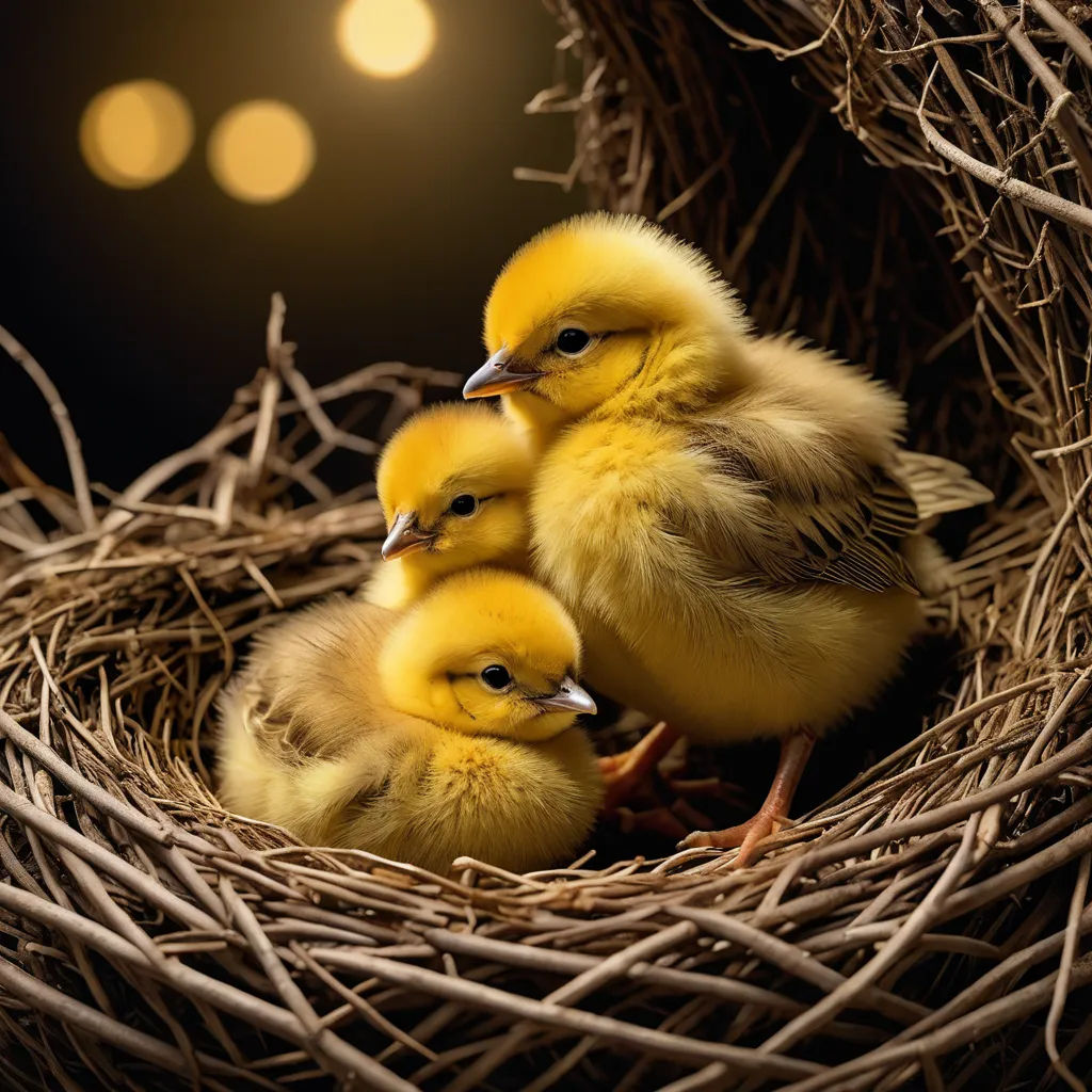 a group of baby chicks sitting in a nest together on a dark background with lights in the background and a black background, art photography, a storybook illustration, Bernd Fasching, animal photography