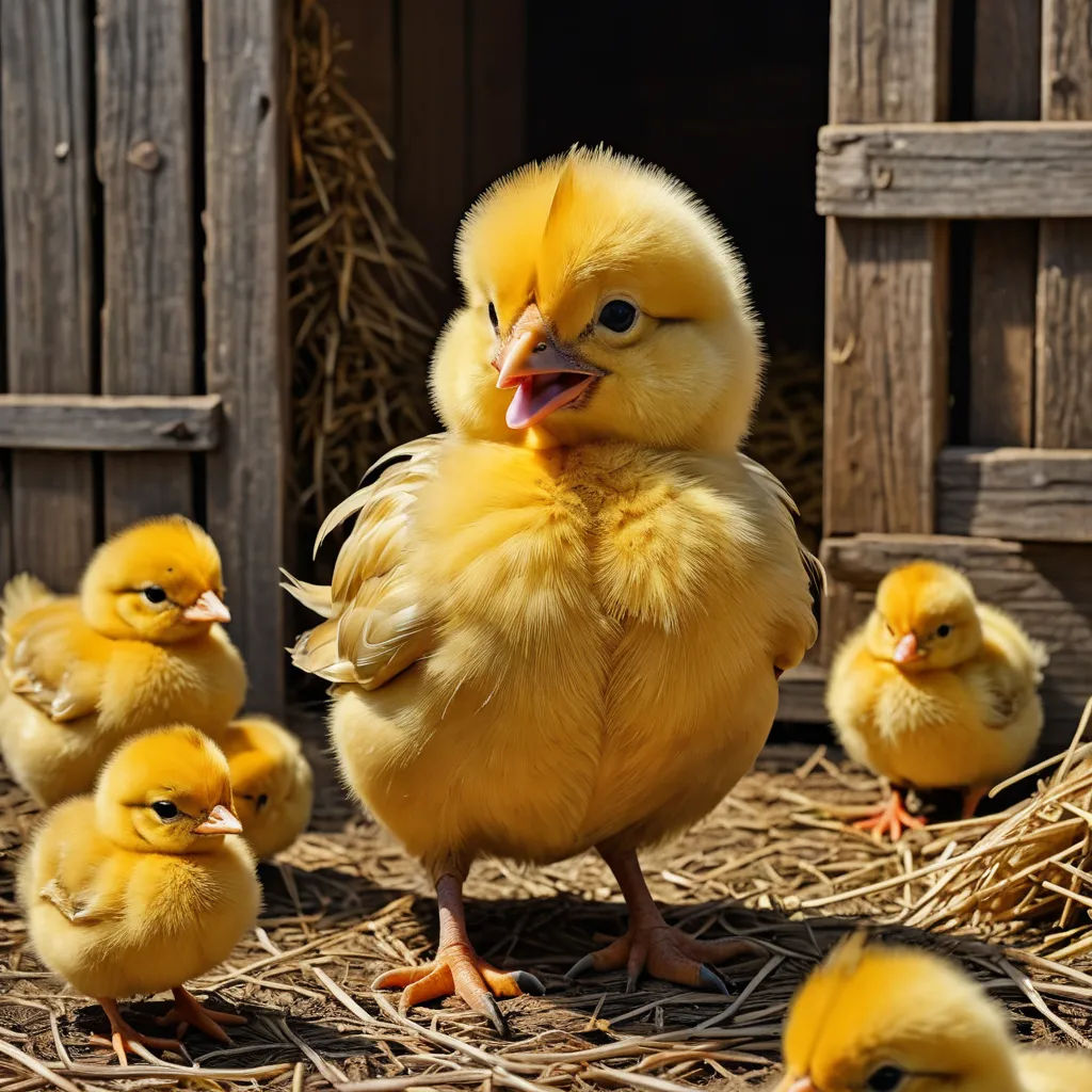 a group of yellow chicks standing in hay next to a barn door and a pile of straw with a baby duck in the foreground, massurrealism, a stock photo, Anne Said, animal photography