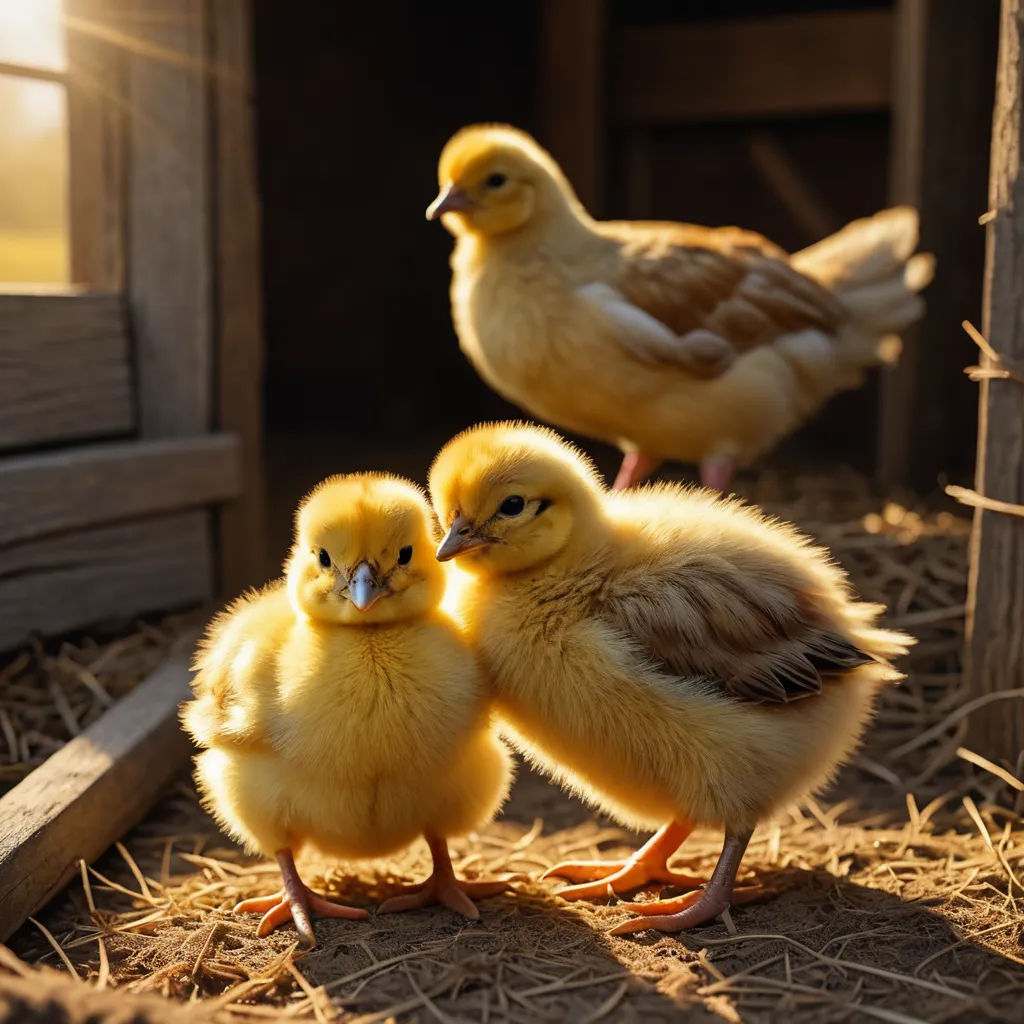 two little chicks are standing in the hay together in a barn with hay and straw on the floor and a barn door, art photography, a stock photo, Anne Said, animal photography