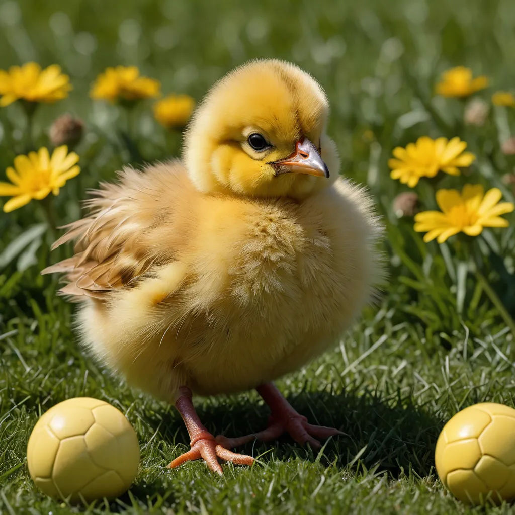 a small yellow duck standing next to a soccer ball on a field of grass and flowers with yellow flowers in the background, naturalism, a picture, Bernd Fasching, yellow