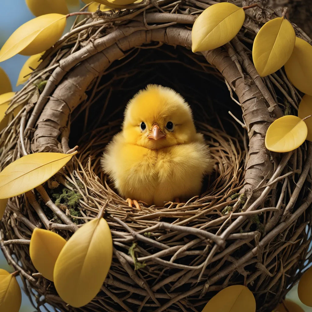 a small yellow chick sitting in a nest with yellow leaves around it and a blue sky background with a few yellow leaves, photorealism, a 3D render, Chris LaBrooy, behance hd