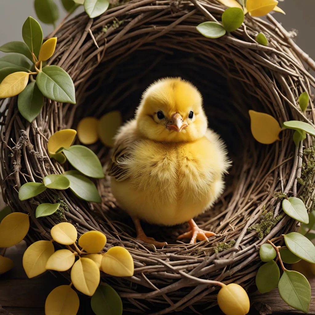 a small yellow chick sitting in a nest with leaves and flowers around it, on a table top with a yellow flower, art photography, a stock photo, Anne Geddes, animal photography