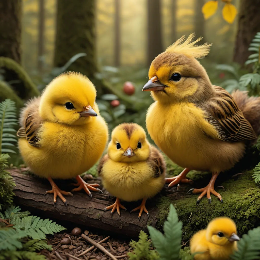 a group of chicks sitting on a log in the woods with ferns and flowers around them, all looking at the camera, naturalism, a photorealistic painting, Chris LaBrooy, animal photography