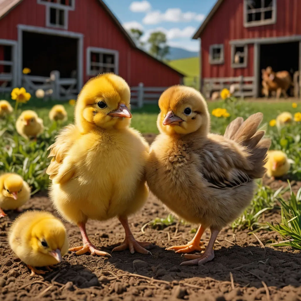 a group of chickens standing on top of a dirt field next to a barn and a field of yellow flowers, art photography, a stock photo, Anne Said, animal photography