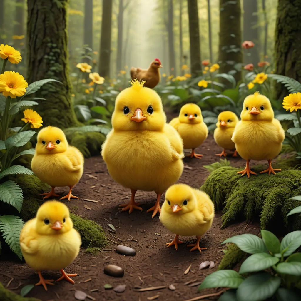 a group of yellow chicks walking through a forest filled with flowers and plants, with a chicken in the middle of the picture, massurrealism, a storybook illustration, Chris LaBrooy, highly detailed digital painting