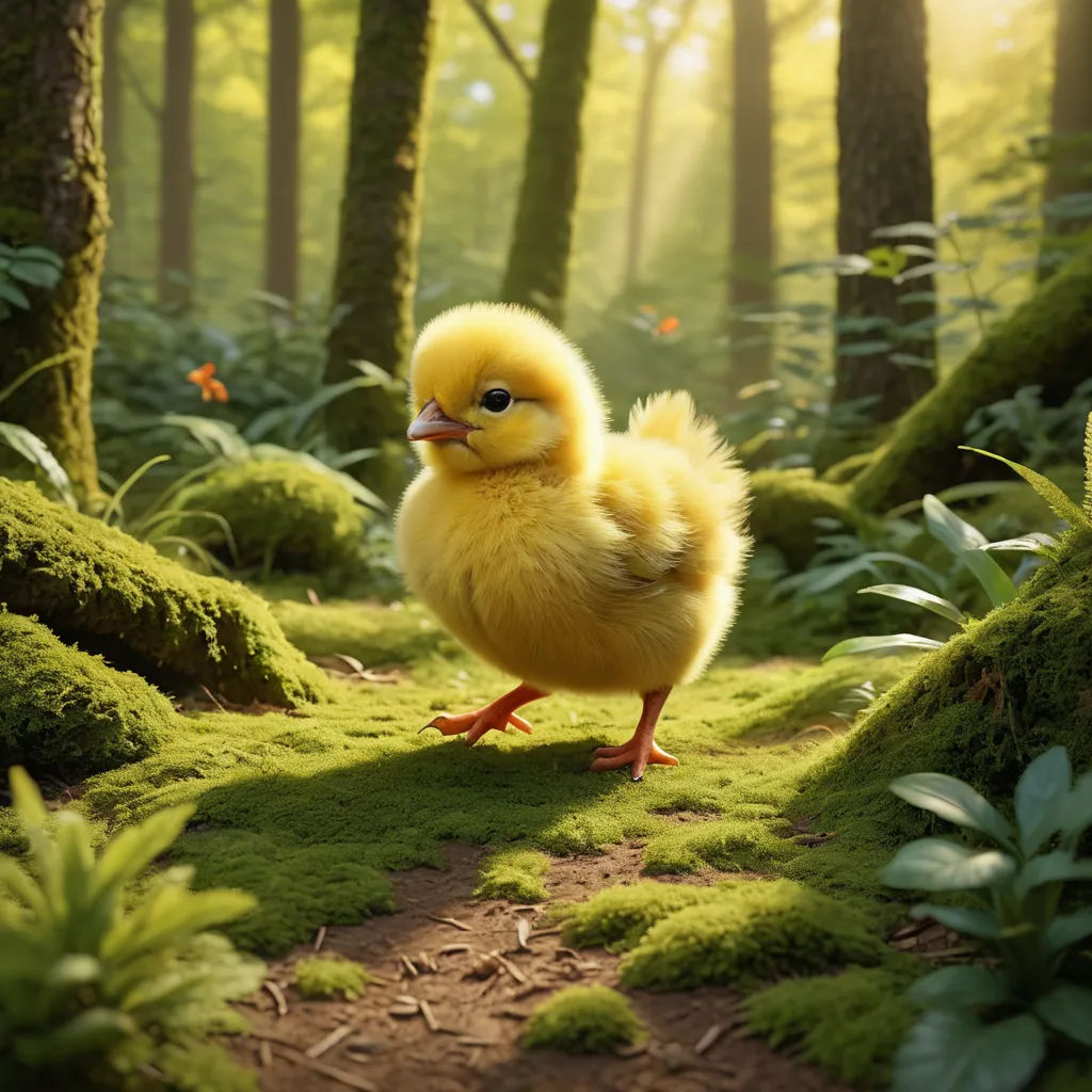 a small yellow duckling walking through a forest of mossy trees and ferns, with a bright light shining on the ground, photorealism, a 3D render, Chris LaBrooy, ultra realistic digital art