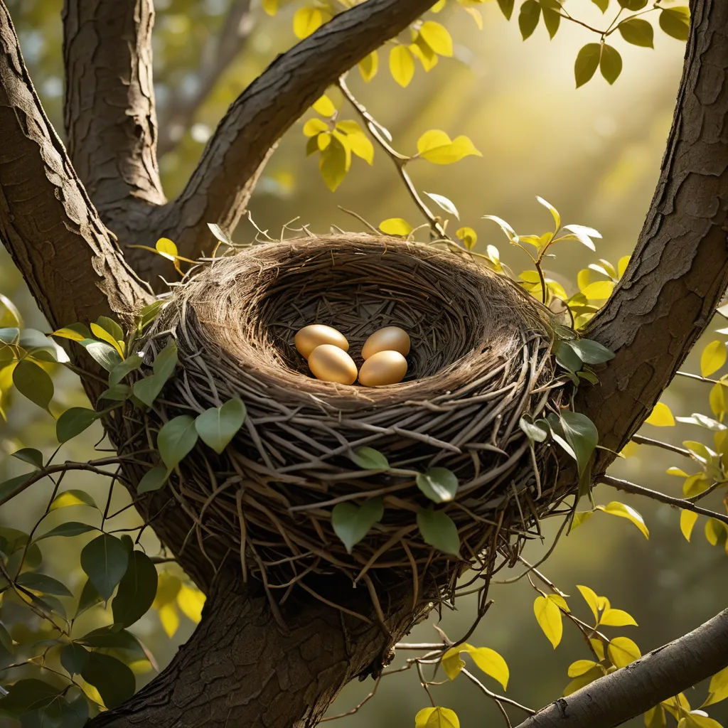 a bird nest with three eggs in it on a tree branch with leaves and sunlight shining through the branches, ecological art, a storybook illustration, David Martin, birds