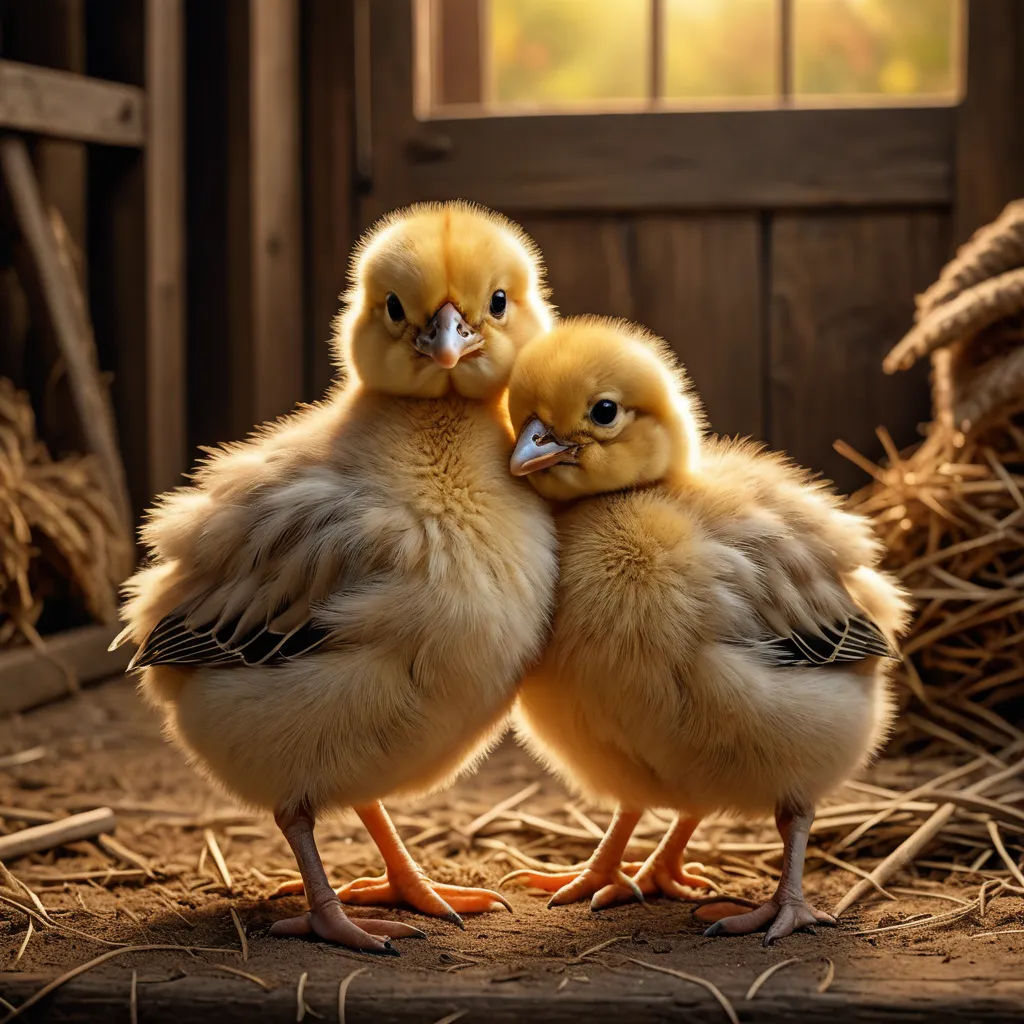 two little chicks standing next to each other on a pile of hay in a barnyard with hay bales, art photography, a stock photo, Bernd Fasching, animal photography