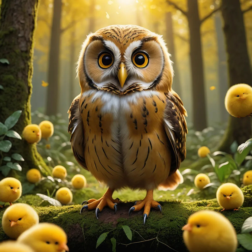 a bird with big eyes standing on a mossy surface in a forest with yellow chicks around it and a sun shining through the trees, fantasy art, a digital painting, Chris LaBrooy, highly detailed digital painting