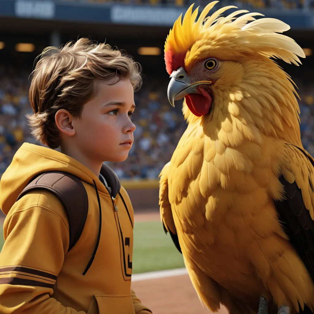 a boy is holding a large bird on his arm at a baseball game in a stadium with a crowd, symbolism, computer graphics, Adam Rex, promotional image