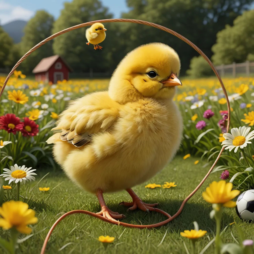 a yellow duck in a circle with a soccer ball in the grass and flowers in the background, with a red barn in the background, photorealism, a 3D render, Chris LaBrooy, ultra realistic digital art