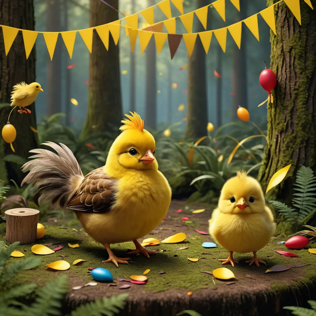 a chicken and a chickenling are standing in the forest with a streamer of streamers and streamers, photorealism, a 3D render, Chris LaBrooy, behance hd