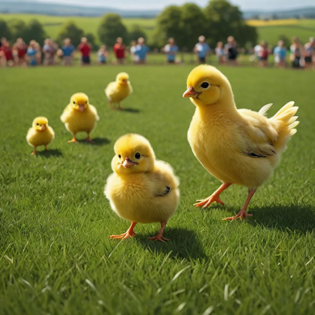 a group of chickens walking across a lush green field next to a crowd of people in the background on a sunny day, massurrealism, a tilt shift photo, Chris LaBrooy, animal photography