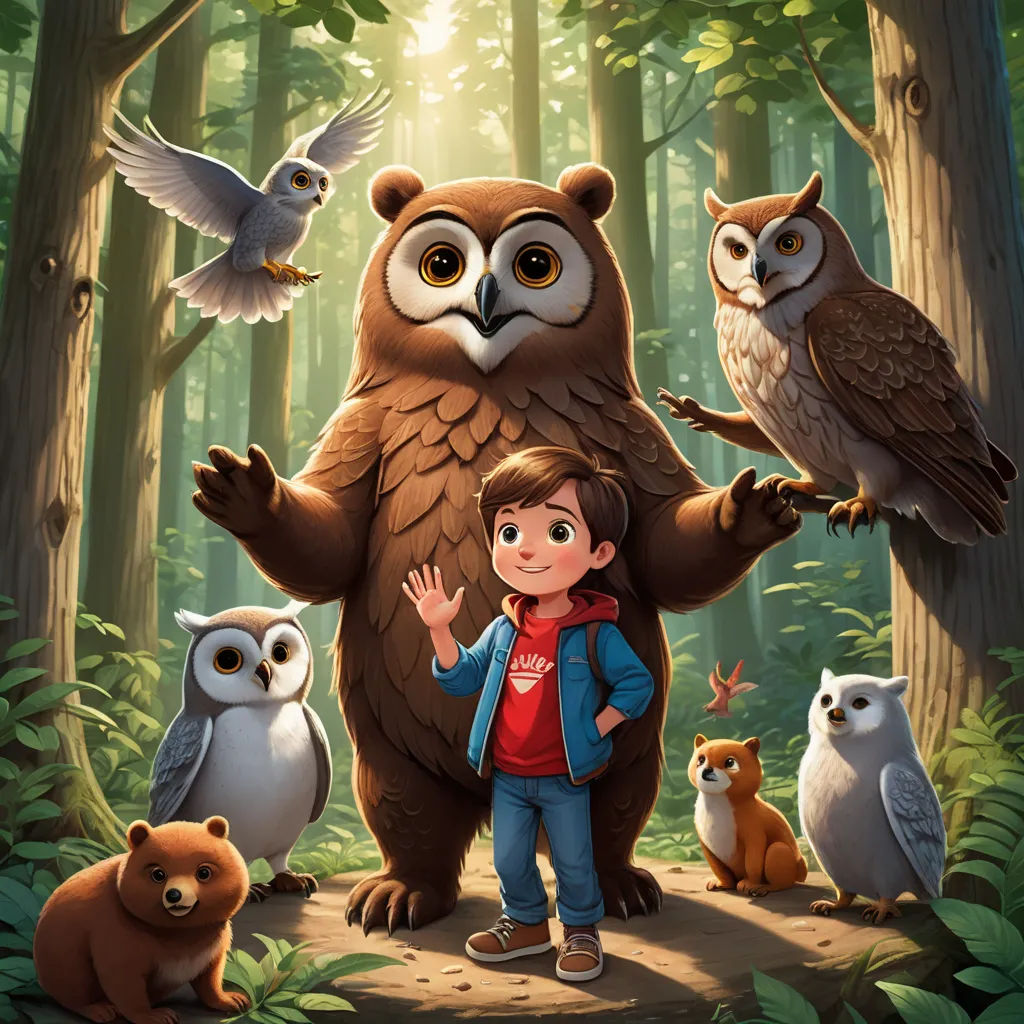 a boy standing in front of a group of owls and an owl in the forest with a girl in front of them, sots art, a storybook illustration, Chris LaBrooy, promotional image