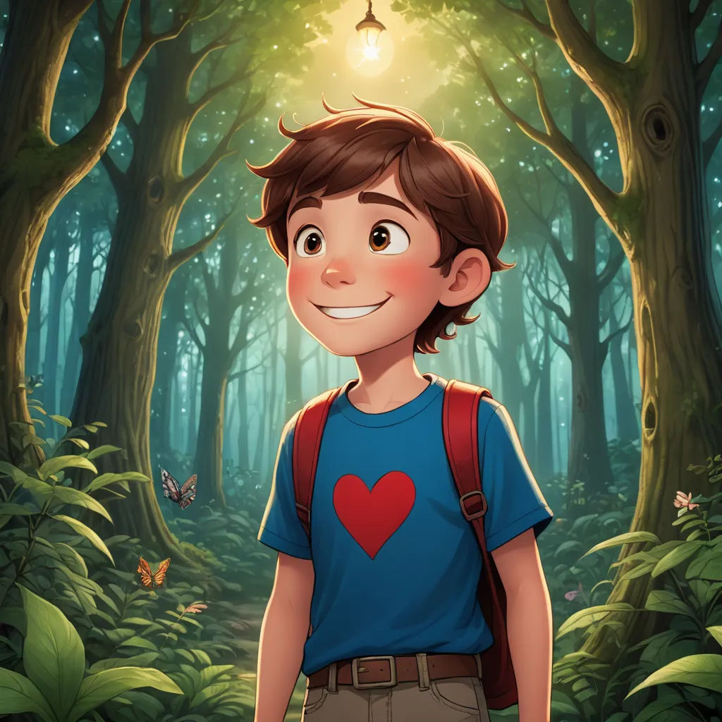 a boy with a heart on his shirt in the woods with a light bulb above his head and a forest with a heart on his chest, magical realism, a storybook illustration, Diego Gisbert Llorens, rossdraws global illumination