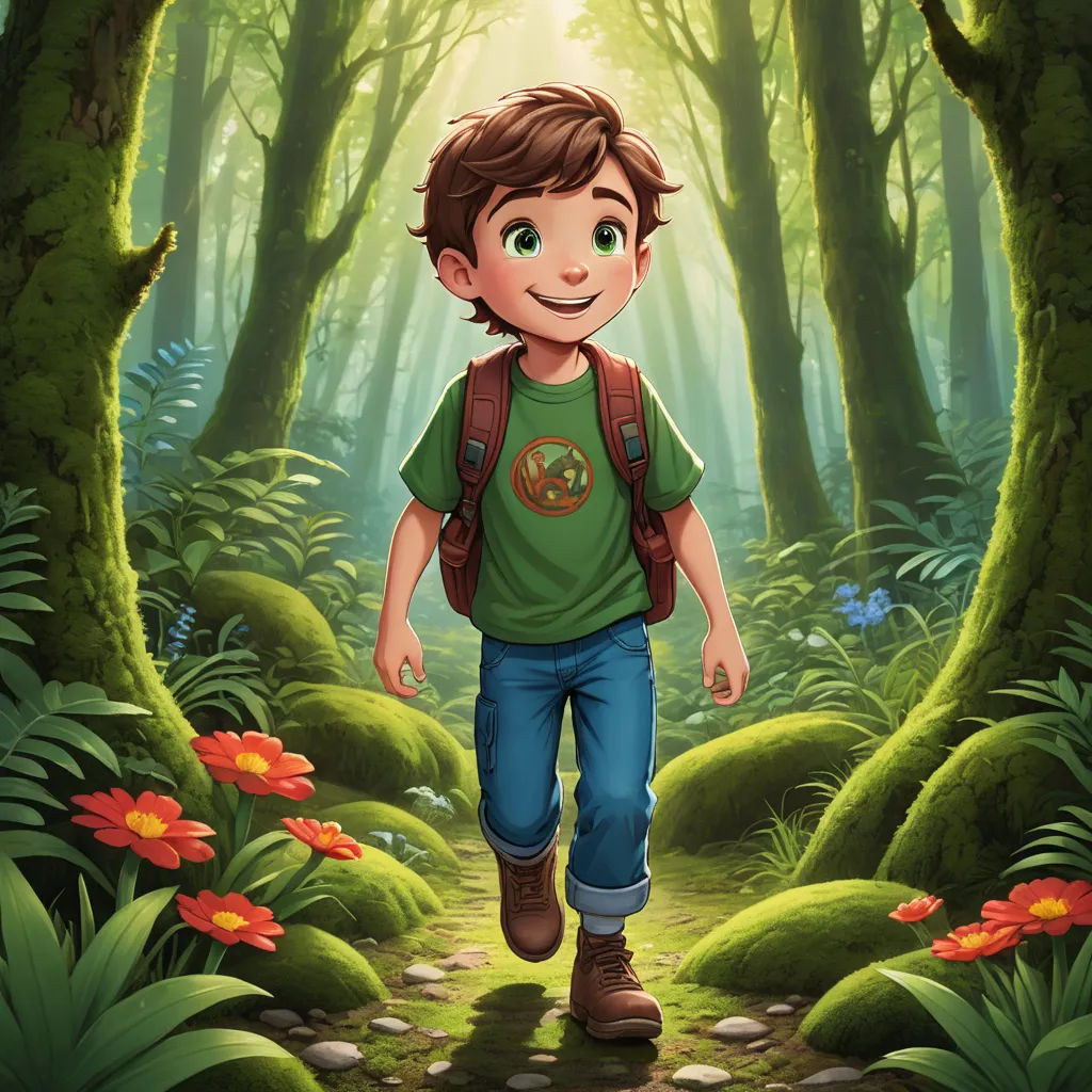 a boy in a green shirt is walking through a forest with flowers and trees on the ground and a trail, sots art, a storybook illustration, Diego Gisbert Llorens, key art