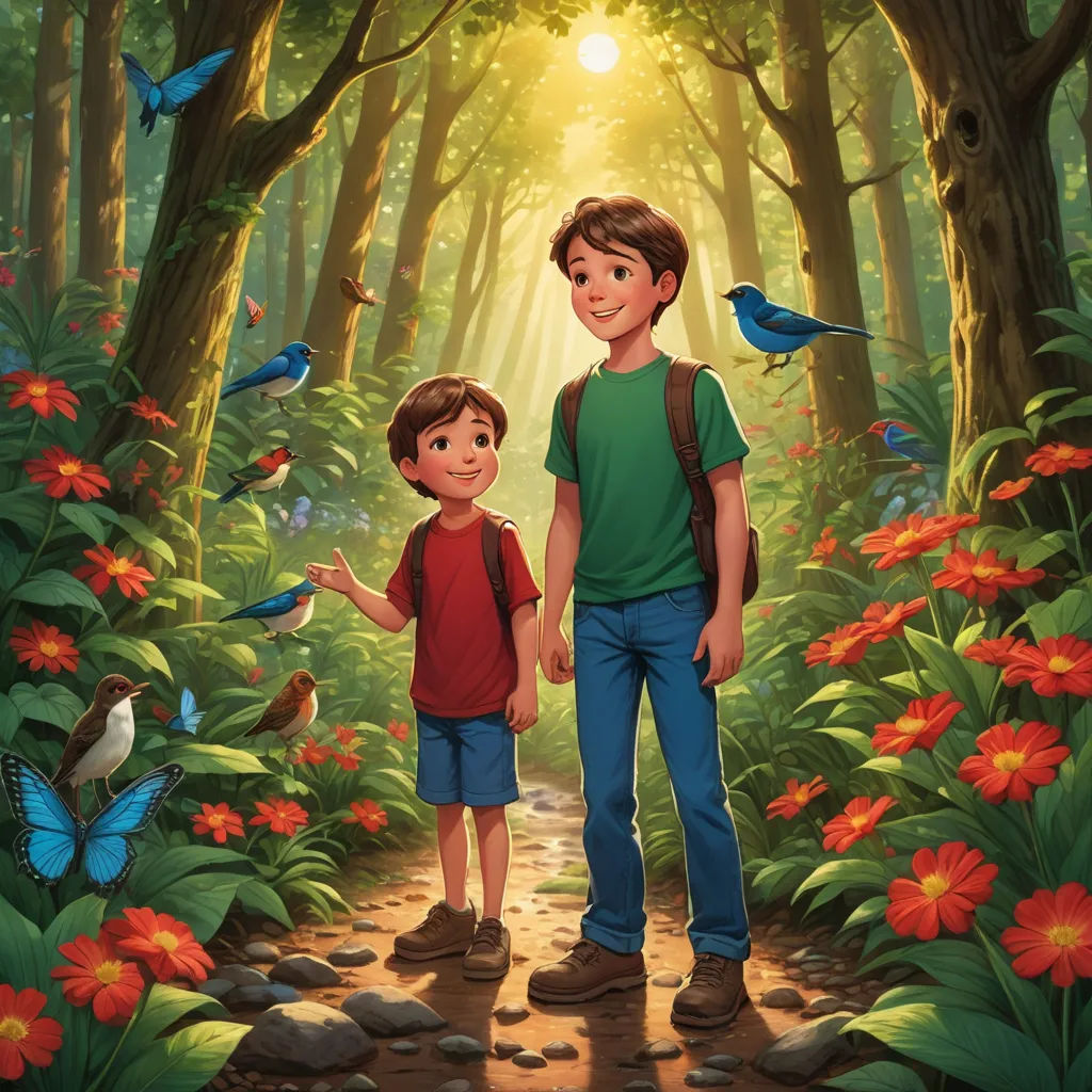 a boy and a boy are standing in the woods with birds and flowers around them, and a boy is holding the hand of a boy, magical realism, a storybook illustration, Aaron Jasinski, official art