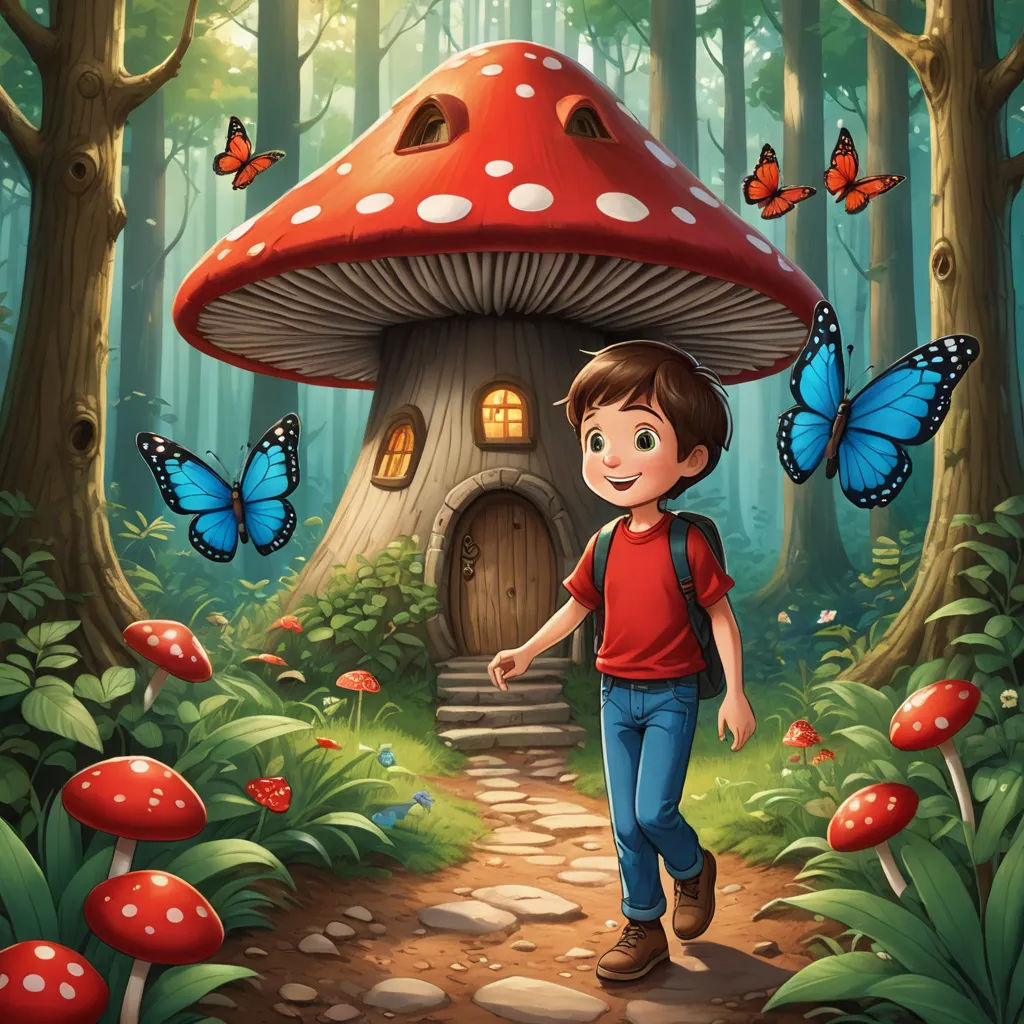 a boy walking in front of a mushroom house in the forest with butterflies flying around it illustration by alex krawc, fantasy art, a storybook illustration, Cliff Childs, storybook illustration