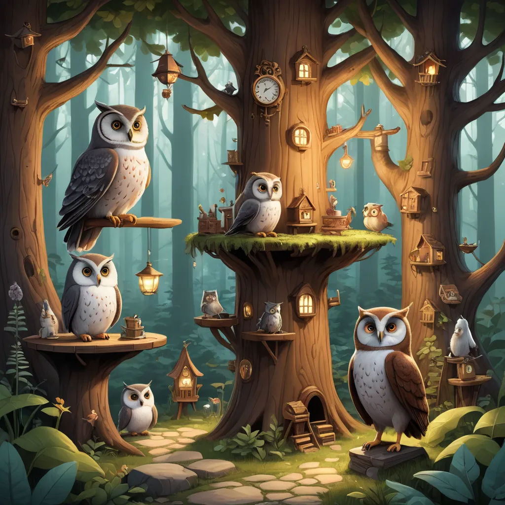 a group of owls sitting on top of a tree stump in a forest with a clock tower in the background, fantasy art, a storybook illustration, Chris LaBrooy, highly detailed digital art