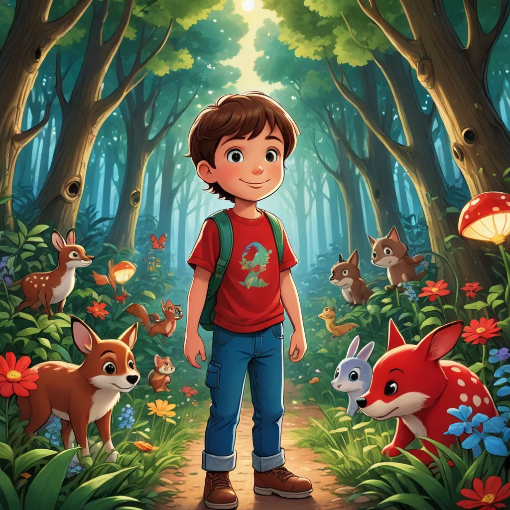 a boy standing in the middle of a forest with animals around him and a mushroom on the ground behind him, environmental art, a storybook illustration, Adam Rex, promotional image