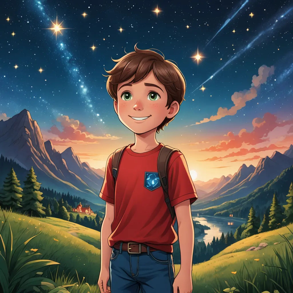 a boy with a backpack standing in front of a mountain landscape with stars and a lake in the background, space art, a storybook illustration, Diego Gisbert Llorens, promotional image