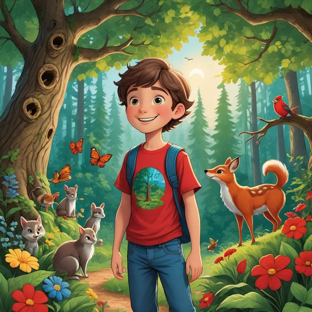 a boy standing in the woods with animals around him and a bird on his shoulder and a bird on his shoulder, environmental art, a storybook illustration, Aaron Jasinski, comic cover art