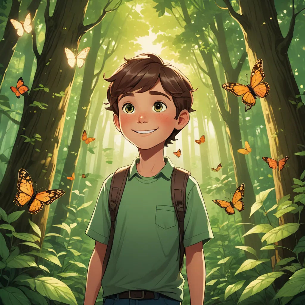 a boy in a green shirt and a backpack in a forest with butterflies flying around him and a forest background, magical realism, a storybook illustration, Diego Gisbert Llorens, rossdraws global illumination