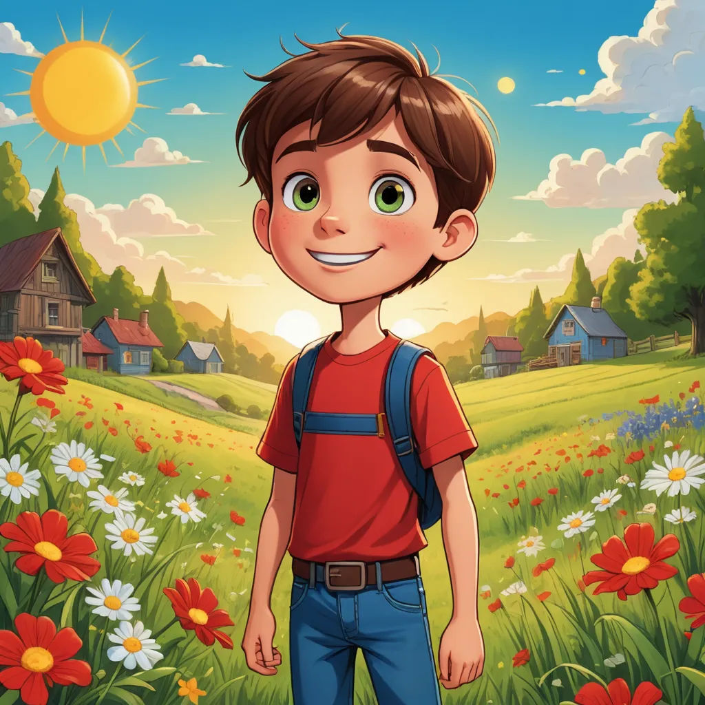 a boy standing in a field of flowers with a house in the background and a sun in the sky, sots art, a character portrait, Americo Makk, promotional image