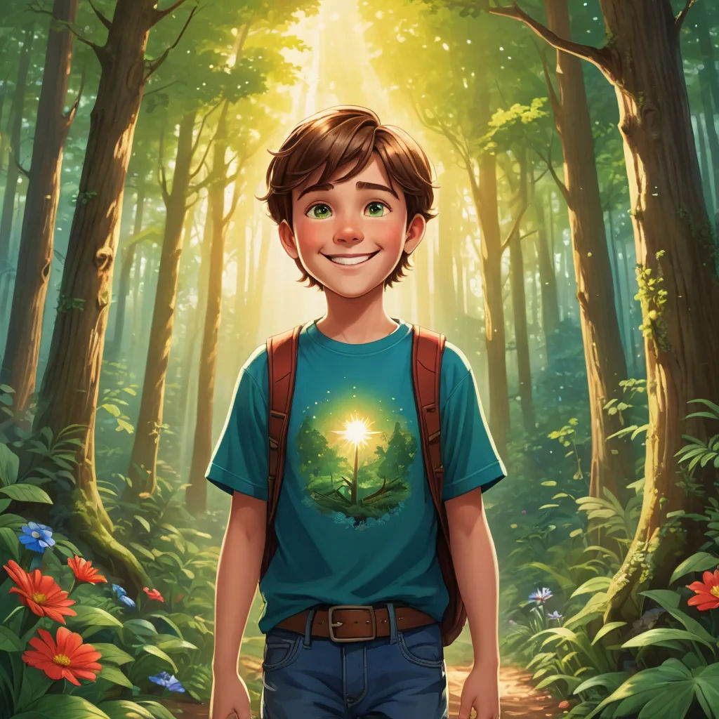 a boy with a backpack and a green light in the forest with flowers and trees on the ground and a trail, magical realism, a storybook illustration, Aaron Jasinski, rossdraws global illumination