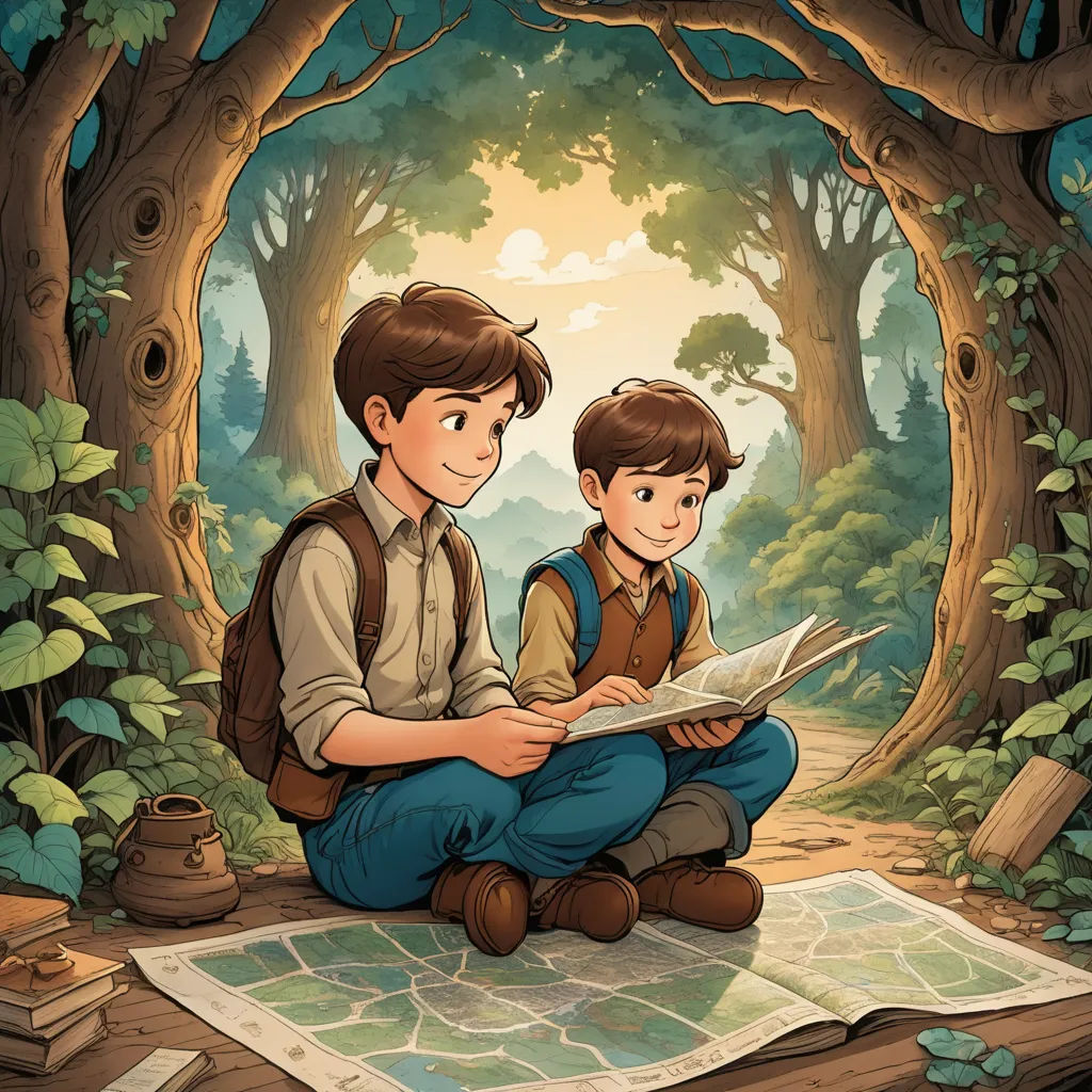 a boy and a boy sit on a map in a forest and look at a map with a boy on it, fantasy art, a storybook illustration, Diego Gisbert Llorens, rossdraws global illumination