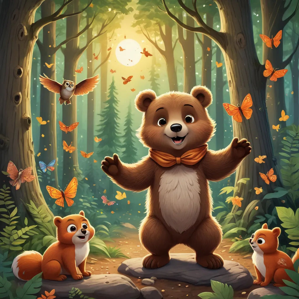 a bear standing in the middle of a forest with other animals around him and a bird flying overhead above, sots art, a storybook illustration, Chris LaBrooy, key art