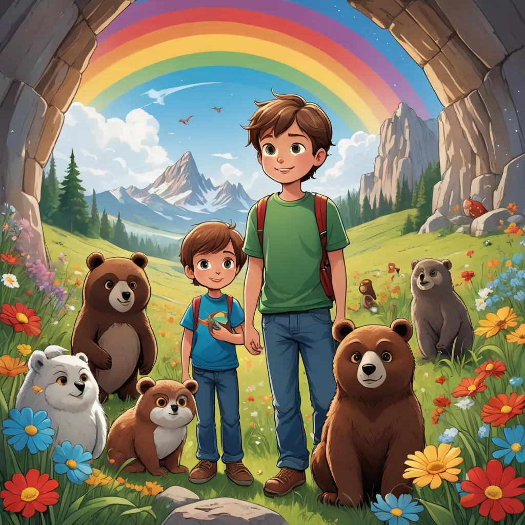 a man and a boy standing in front of a rainbow with bears and flowers around them and a mountain in the background, furry art, a storybook illustration, Aaron Jasinski, official art
