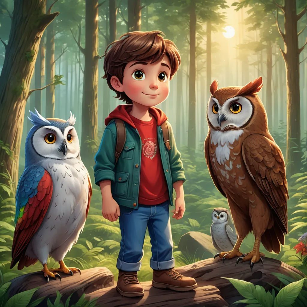 a boy standing next to two owls in a forest with a sun shining through the trees behind him and a forest background, sots art, a storybook illustration, Diego Gisbert Llorens, key art