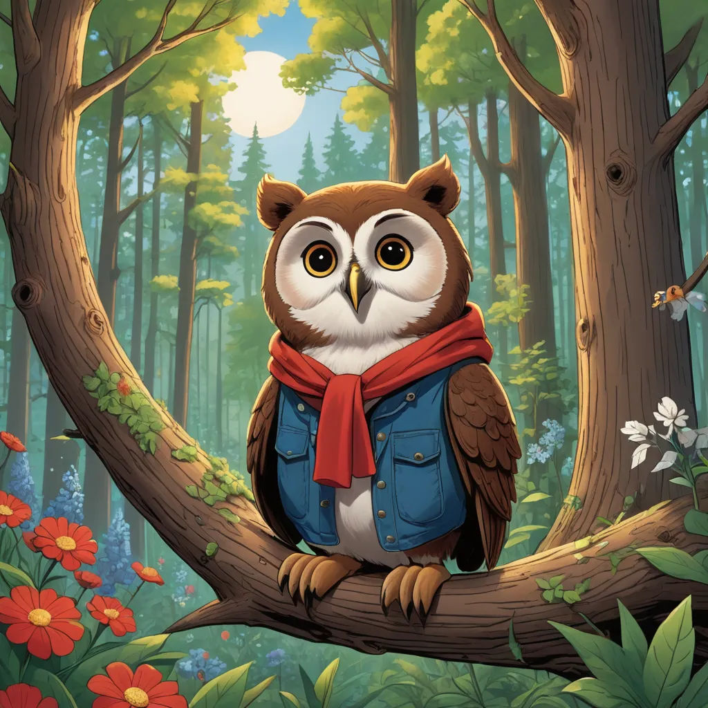 a painting of an owl sitting on a tree branch in a forest with flowers and trees around it, with a full moon in the background, fantasy art, a storybook illustration, Chris LaBrooy, storybook illustration