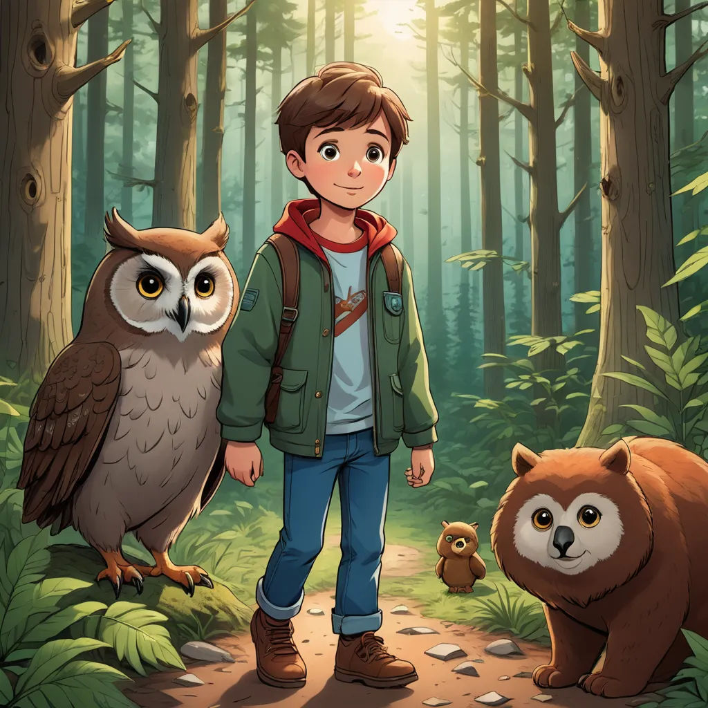 a boy standing in the woods with an owl and a bear behind him and a bear behind him, both looking at the camera, sots art, a storybook illustration, Cliff Childs, key art