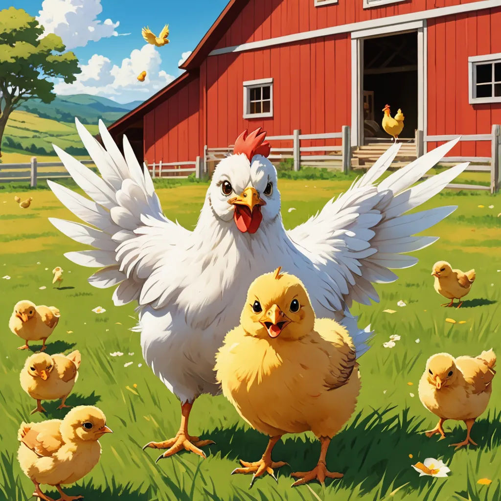 a chicken and her chicks are in a field by a barn and a barn building with a red roof, american scene painting, a storybook illustration, Chris LaBrooy, ultra realistic illustration