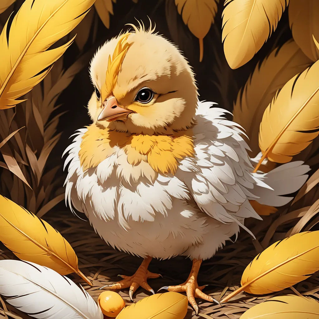 a bird with a yellow beak sitting on a nest of feathers and yellow eggs in a nest of feathers, fantasy art, a digital painting, Cyril Rolando, highly detailed digital painting