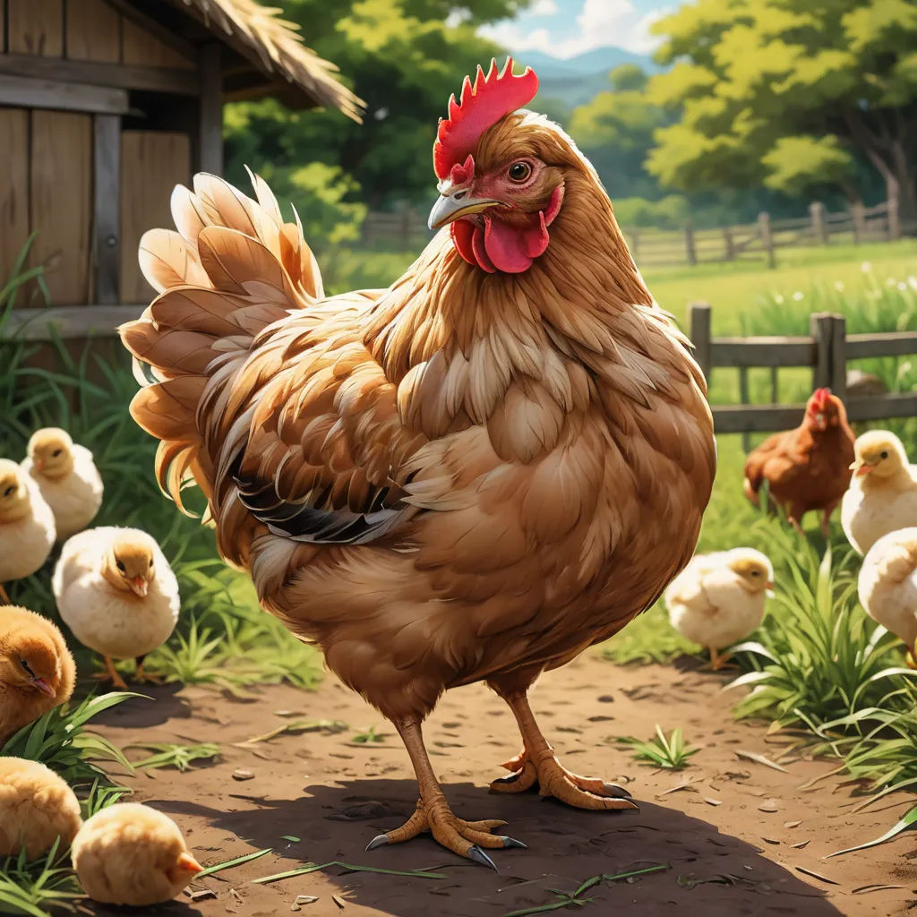 a chicken standing in a field of chickens near a barn and a fence with a few chickens around it, symbolism, a detailed drawing, Chris LaBrooy, highly detailed digital painting