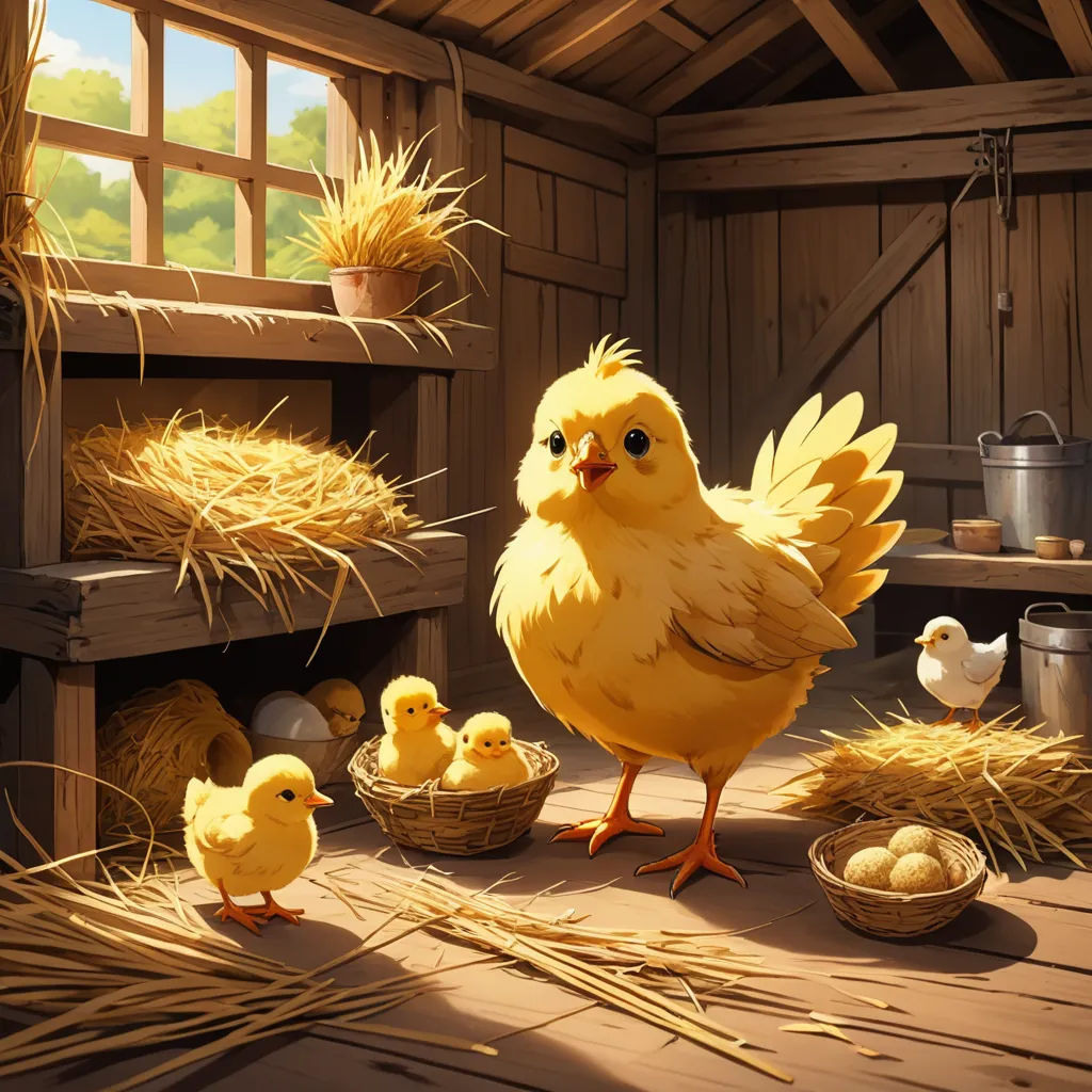 a chicken and her chicks in a barn with hay and hay bales on the floor and a window, fantasy art, a storybook illustration, Cyril Rolando, rossdraws global illumination