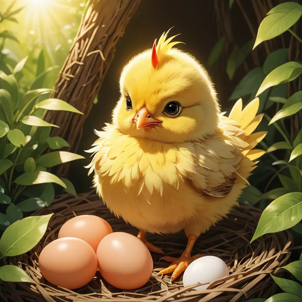 a yellow chicken sitting on top of a nest next to eggs in a nest with leaves and grass around it, fantasy art, a digital painting, Cyril Rolando, highly detailed digital painting