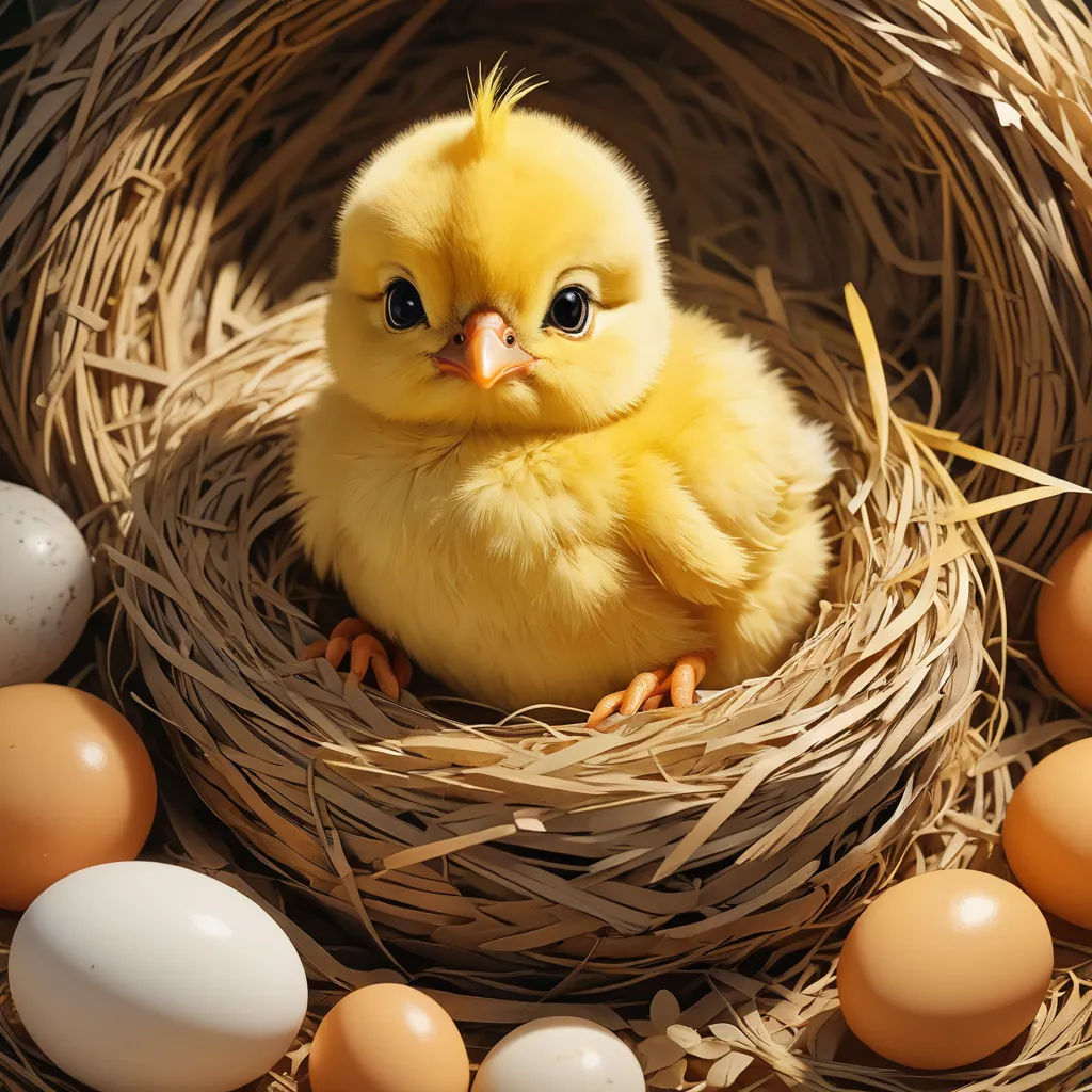 a small yellow chick sitting in a nest with eggs around it and a few eggs around it on the ground, naturalism, a stock photo, Anne Said, highly detailed digital art
