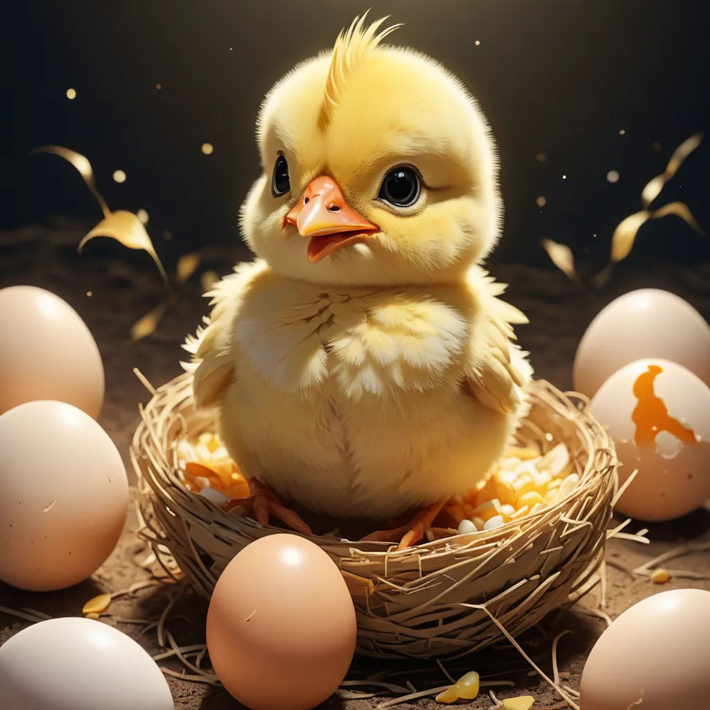 a little yellow chick sitting in a nest with eggs around it and falling down on the ground, with a black background, photorealism, a 3D render, Chris LaBrooy, ultra realistic digital art