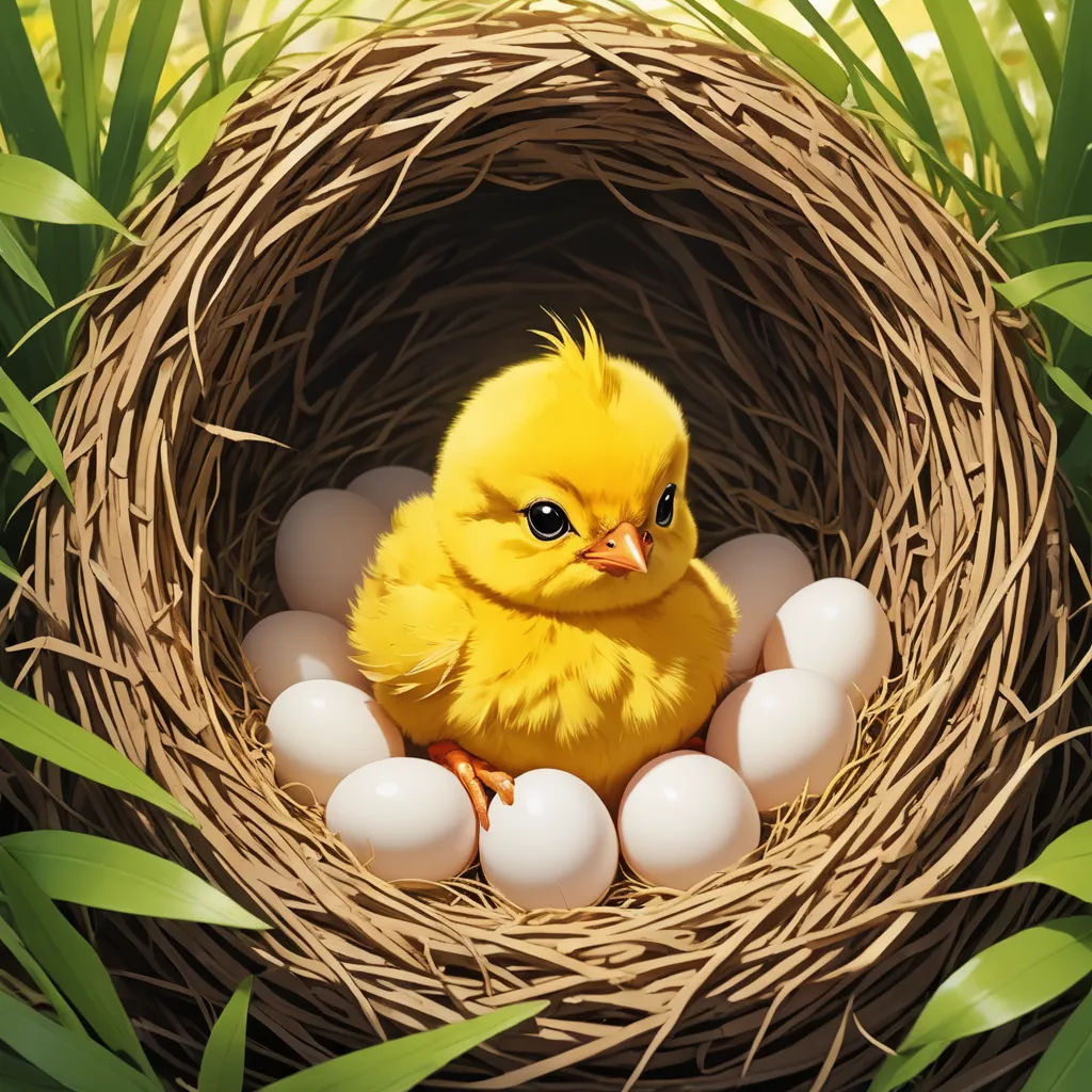 a yellow chickling sitting in a nest with eggs in it's nest, with green leaves surrounding it, photorealism, a digital rendering, Anne Said, highly detailed digital painting