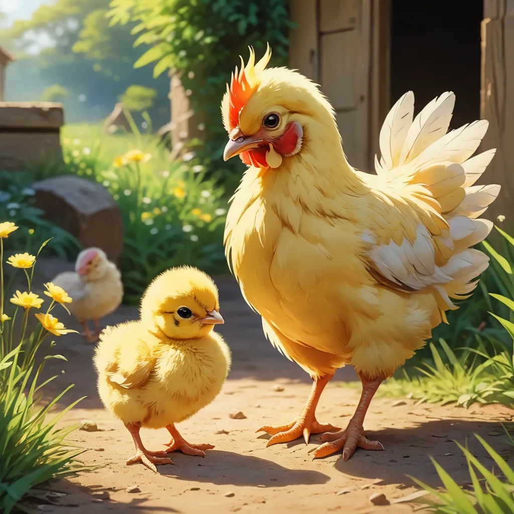 a chicken and a baby chicken are standing in the grass near a house and flowers in the yard,, photorealism, a detailed painting, Anne Said, rossdraws global illumination