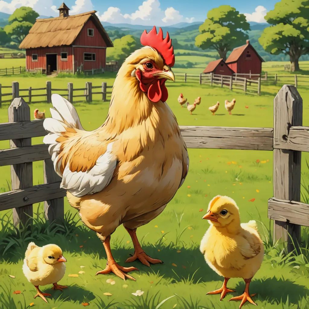a chicken and two chicks are standing in the grass near a fence and a barn with a red roof, american scene painting, a storybook illustration, Chris LaBrooy, highly detailed digital painting